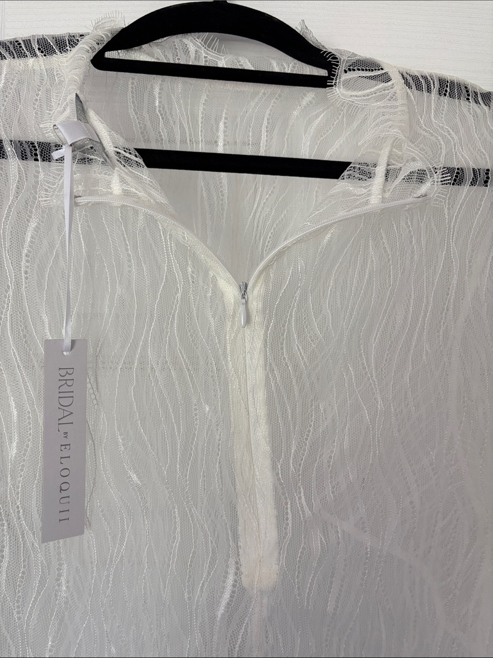 Eloquii Sheer Ivory Fringe Lace Long Sleeve Crop Top - Picture 3 of 9